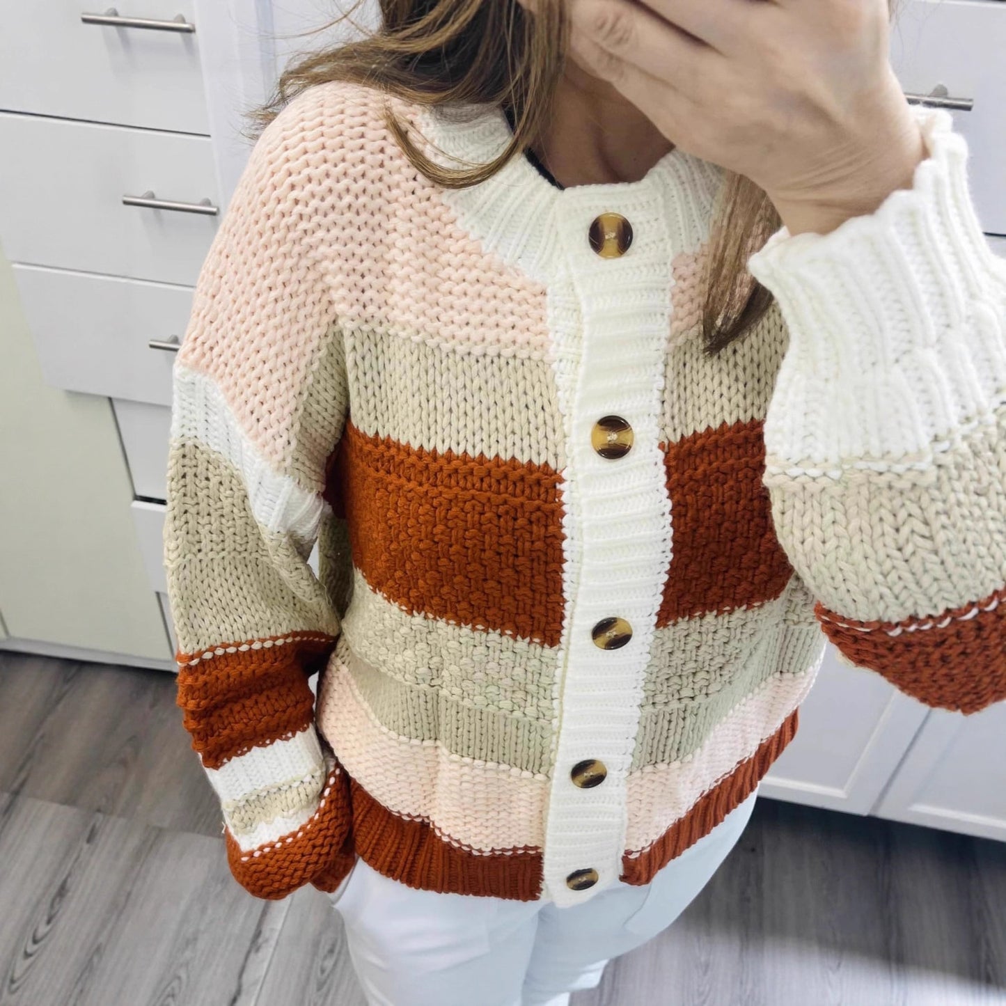 Women's Striped Thick Needle Button Color Block Stitching Sweaters