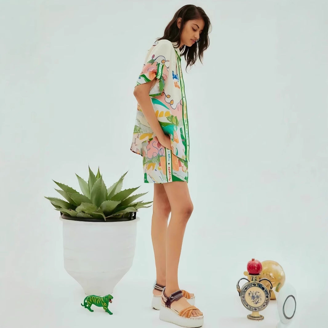 Classic Elegant Printed Linen Leisure Shirt Fashion Casual Suit