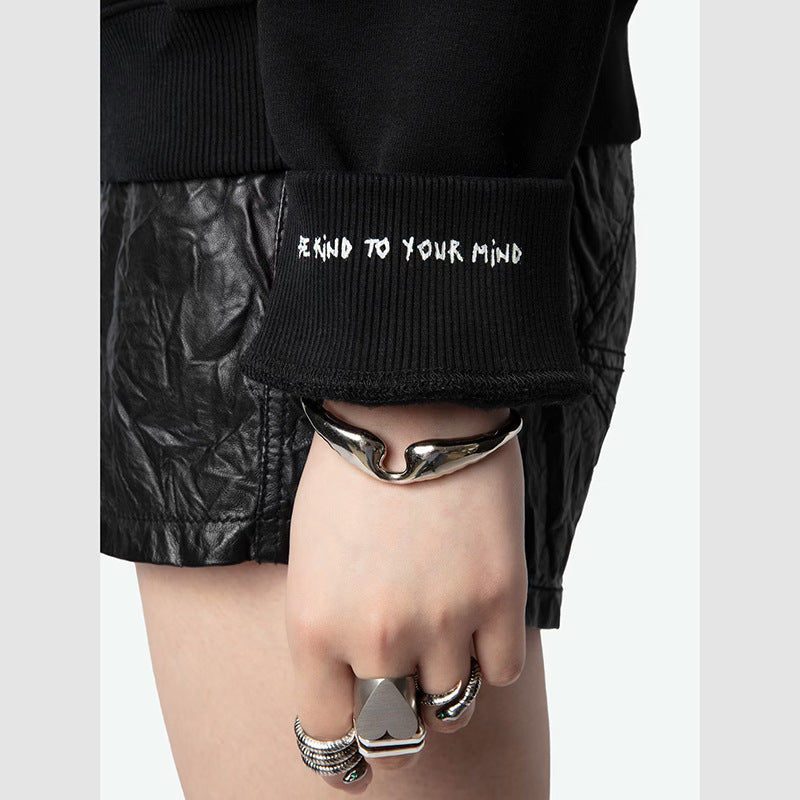 Women's Winter French Niche Wings Rhinestone Sleeves Printed Fleece Black Sweaters