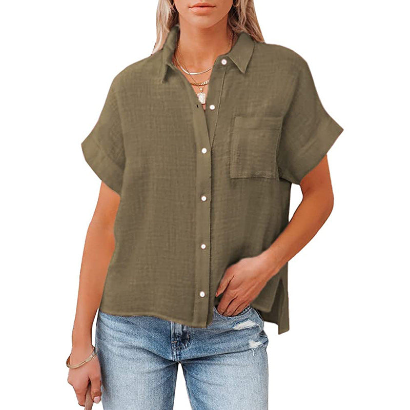 Women's Cotton Linen Short-sleeved Casual Side Slit Blouses