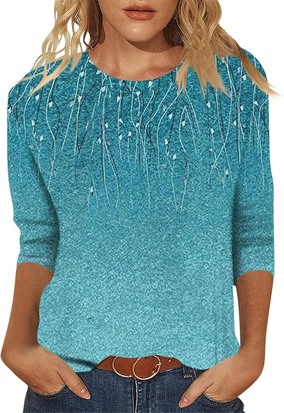 Women's Printed Sleeves Loose Crew Neck Casual Blouses