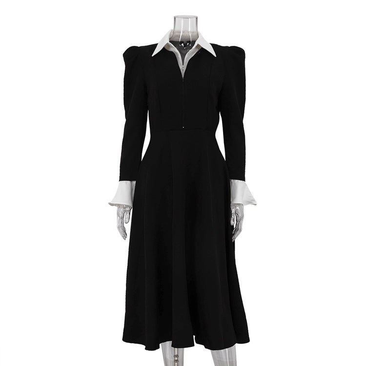 Women's Black White Stitching Fake Two-piece Dress Elegant Dresses