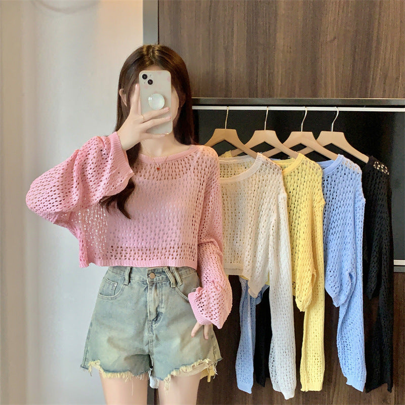 Women's Cutout Summer Tulle Mesh Candy Color Sweet Round Women's Sweater