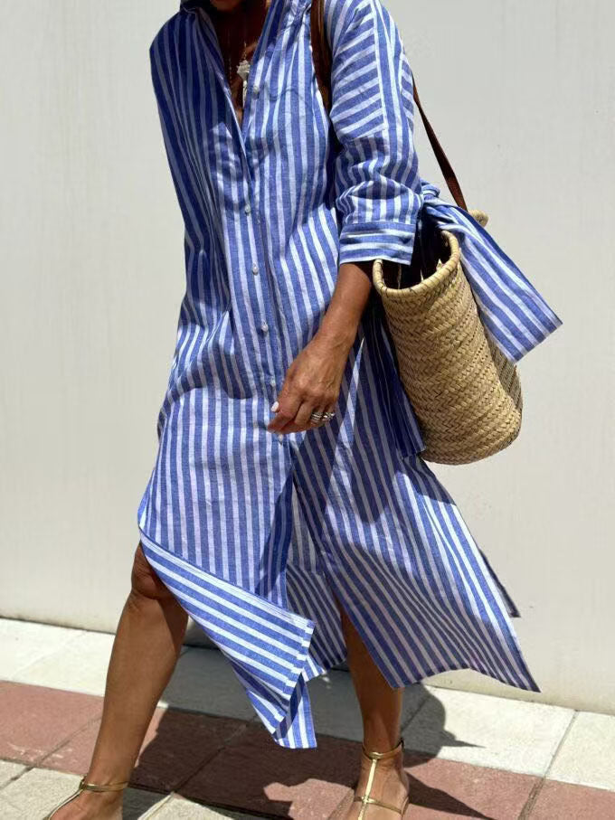 Women's Half Sleeve Striped Lapel Shirt Dress