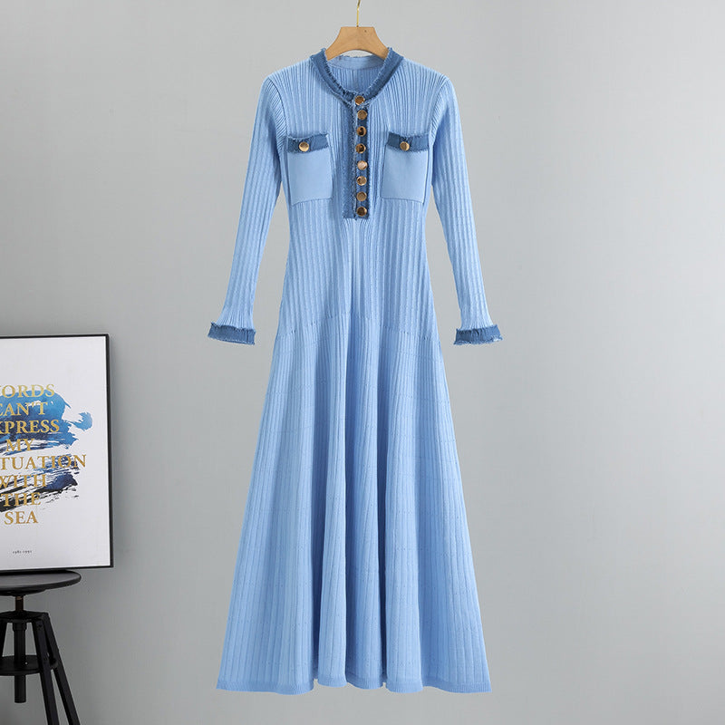 Women's Elegant Denim Stitching Contrast Color Long Dresses