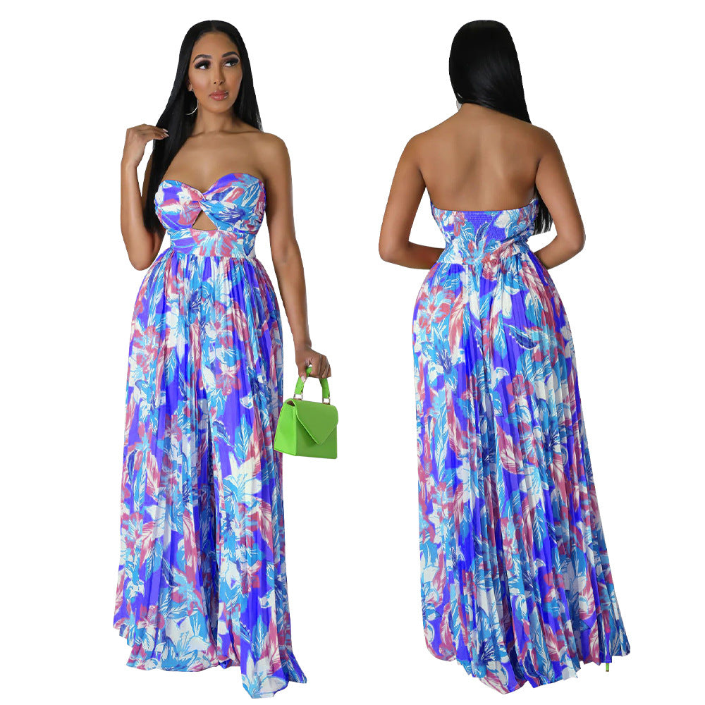 Women's Fashion Summer Sexy Backless Print Wide Jumpsuits