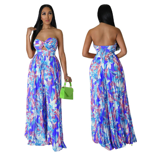 Women's Fashion Summer Sexy Backless Print Wide Jumpsuits