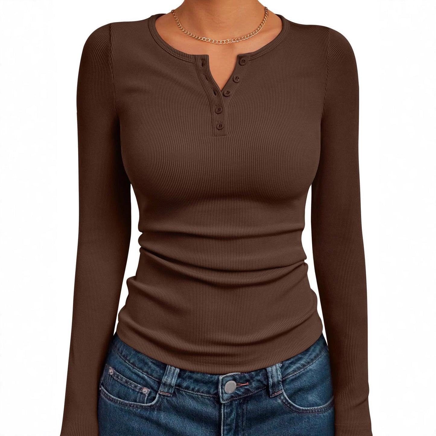 Women's Long Sleeve Button Rib Slim Fit Women's Sweater