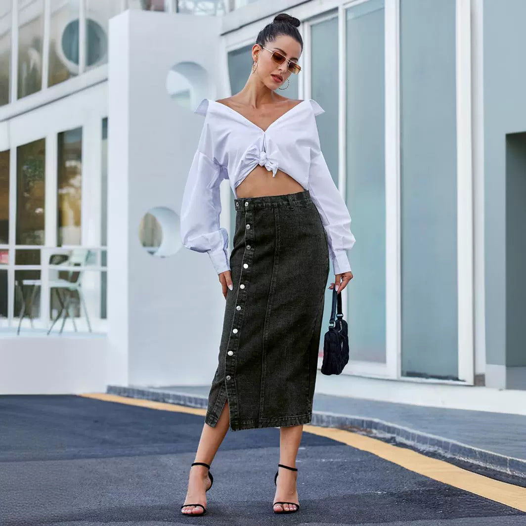 Women's Button Irregular Slit Denim High Waist Skirts