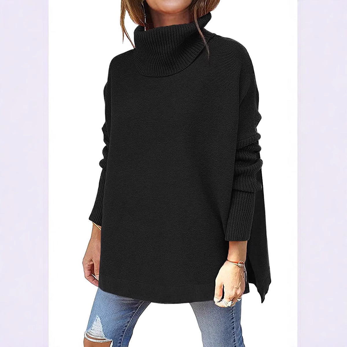 Sleeve Turtleneck Mid-length Batwing Hem Waist Women's Sweater