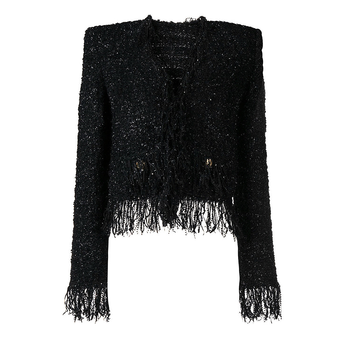 Women's Glossy Black Tweed Fringe Pocket Fastener Coats