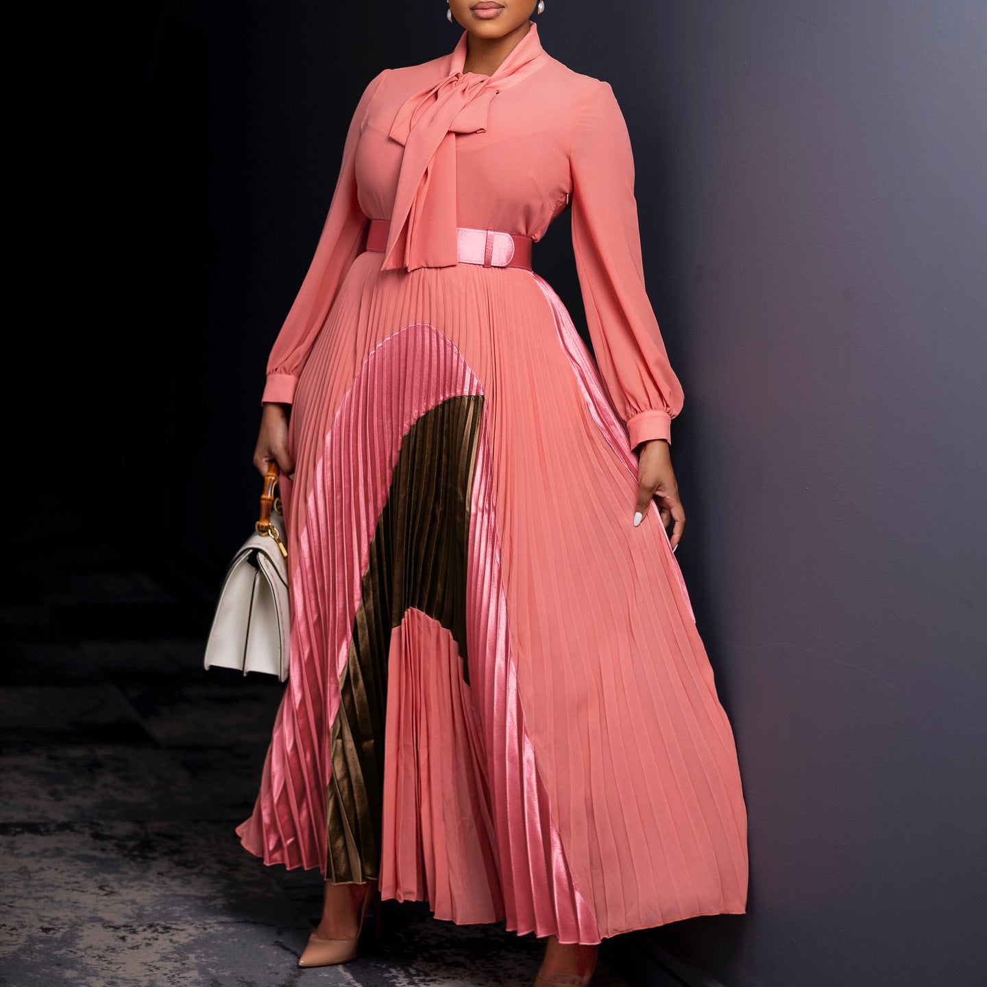 Women's Pleated Long Sleeve Color Matching Elegant Dresses