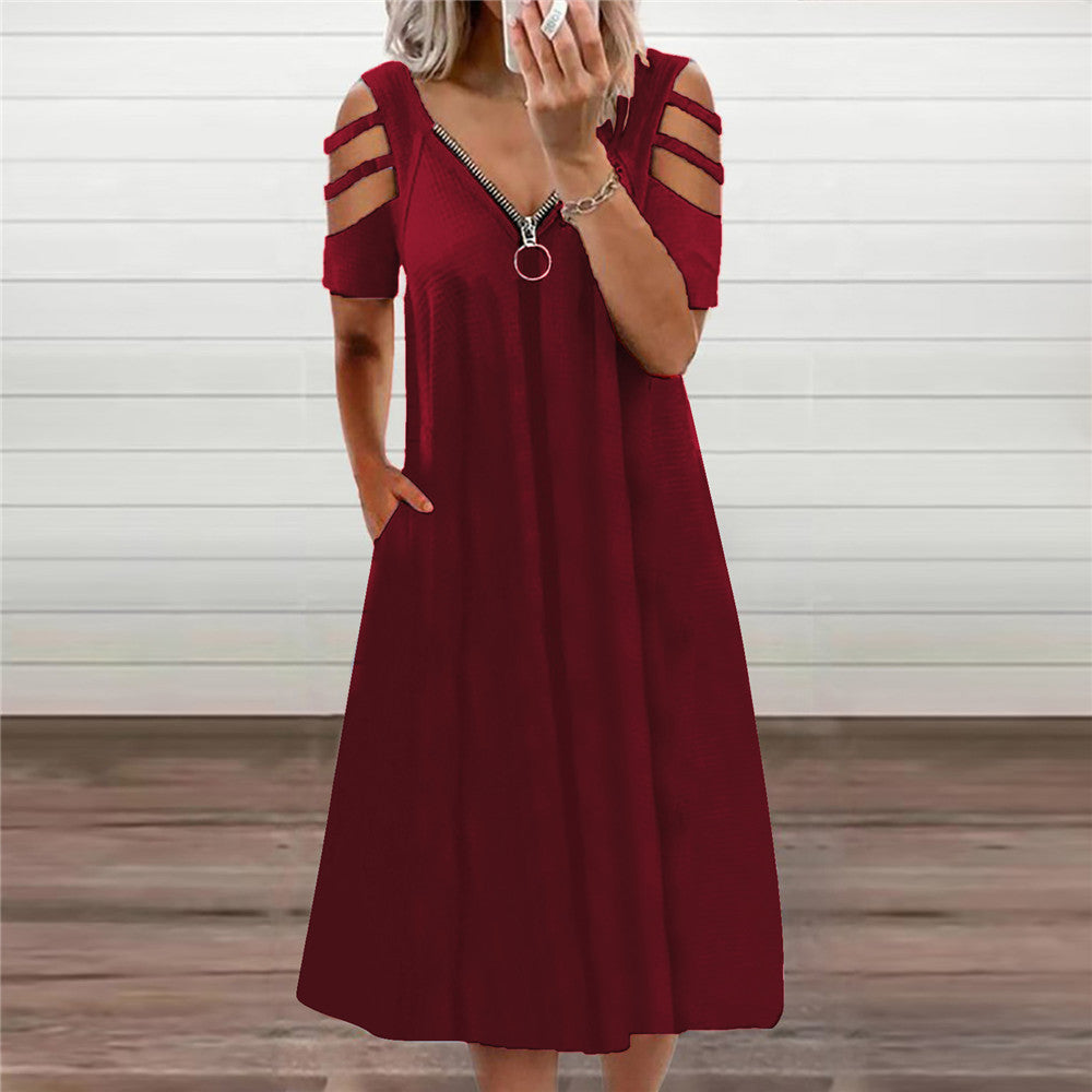 Women's Summer Sexy Solid Color Zipper Sleeve Dress