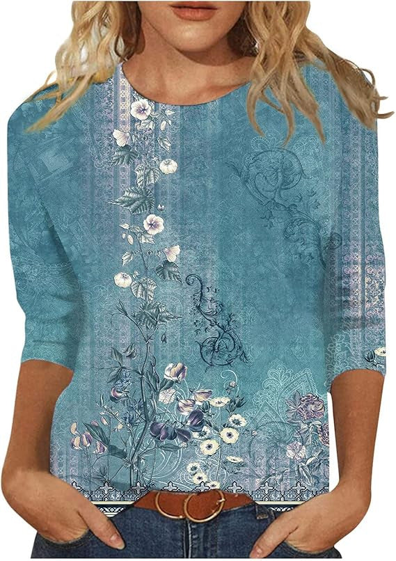 Women's Printed Sleeves Loose Crew Neck Casual Blouses