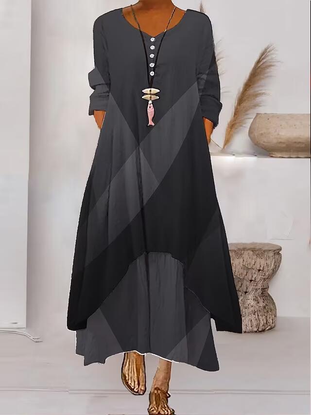 Women's Popular Printed Long-sleeved Hem Irregular Long Dress