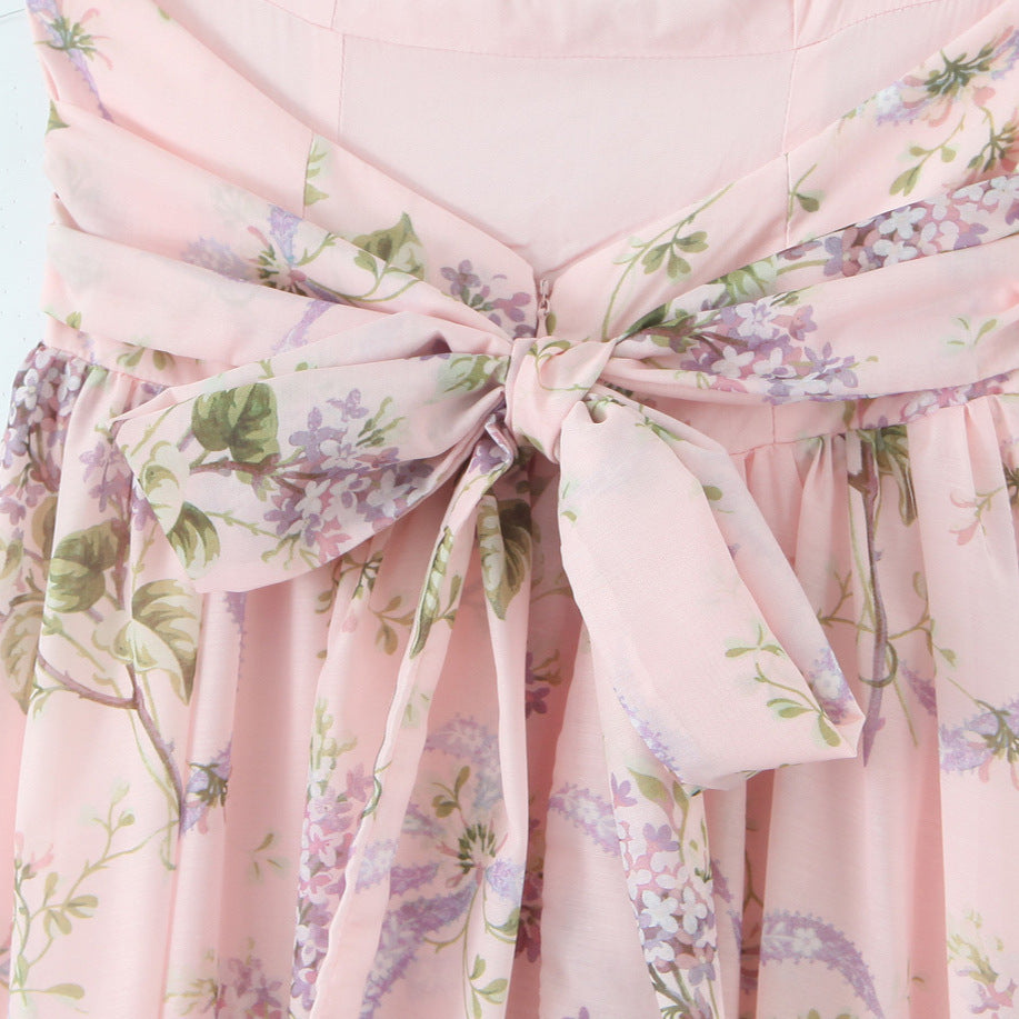 Women's Fashionable Lightweight Pink Printing Chiffon Split Dresses