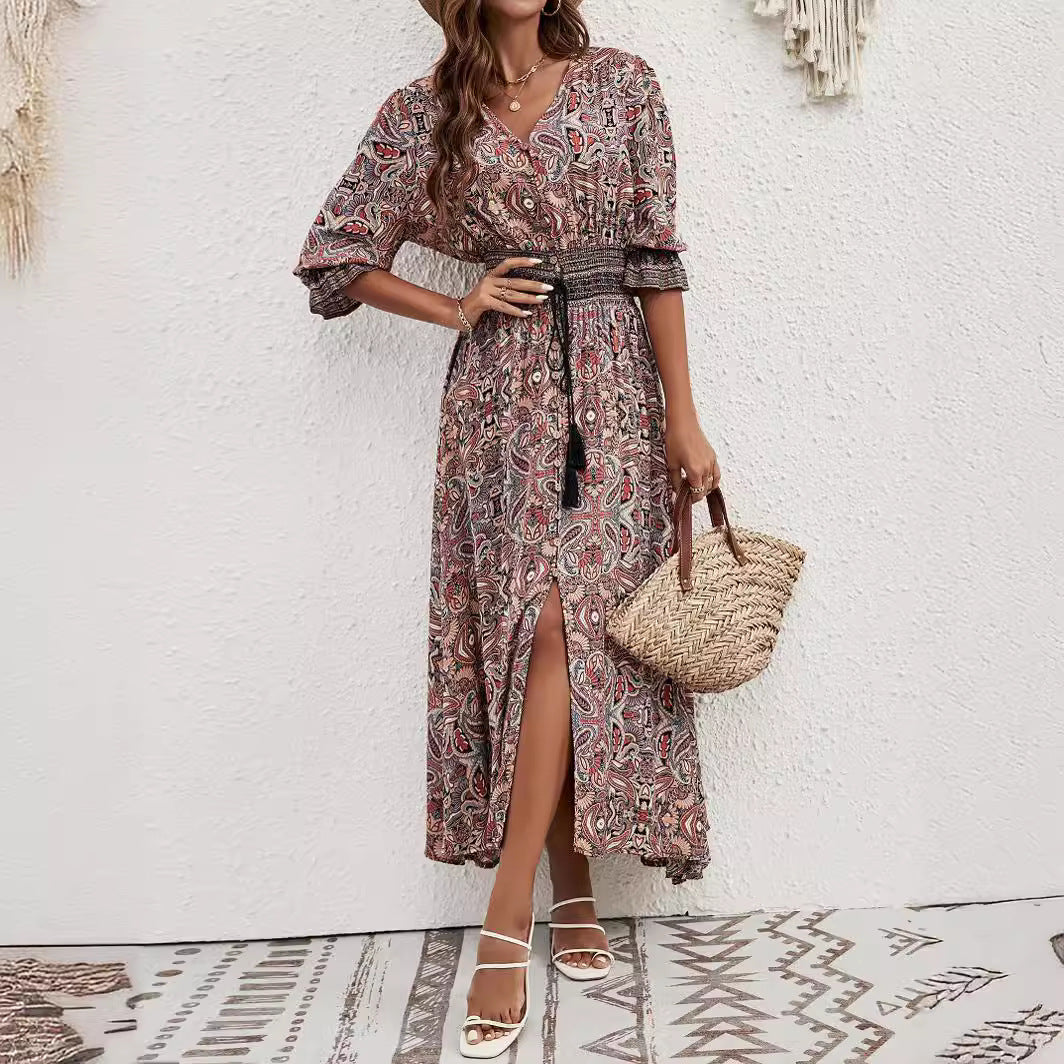 Women's Rayon Positioning Printed Sleeves Waist Bohemian Holiday Breasted Dress