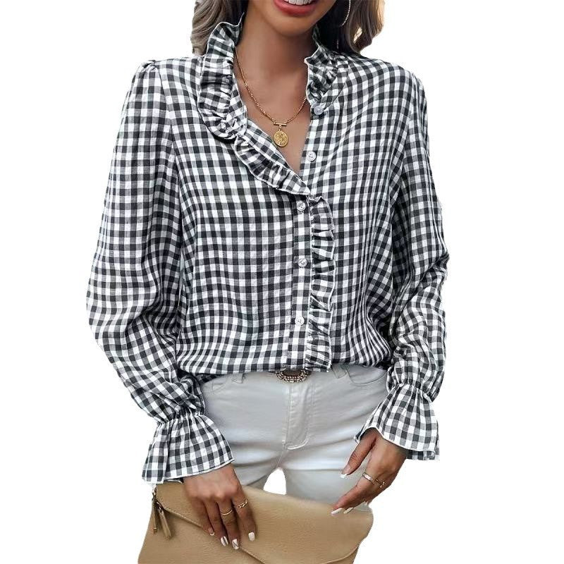 Women's Style Plaid Shirt With Wooden Ears Blouses