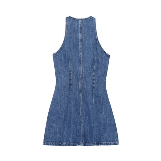 Women's Fashion Temperament Denim Round Neck Sleeveless Shorts