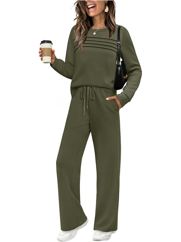 Women's Autumn Long Sleeve Round Neck Elastic Waist Trousers Fashion Casual Suit