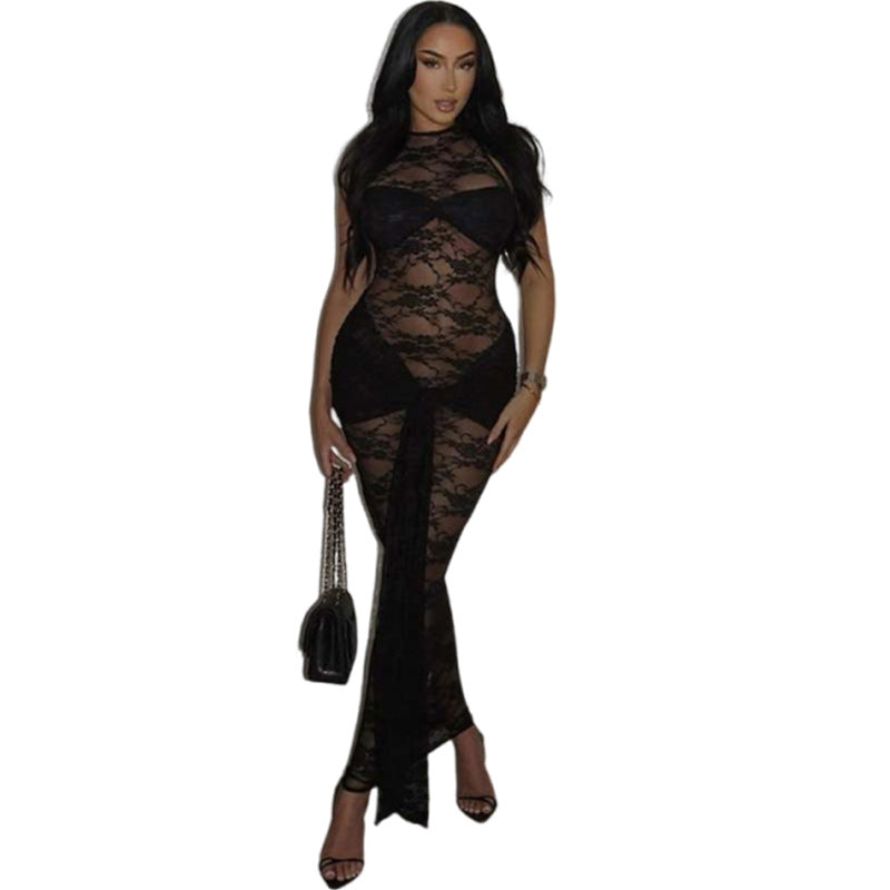 Women's Lace Cutout Round Neck Slim Fit Dresses