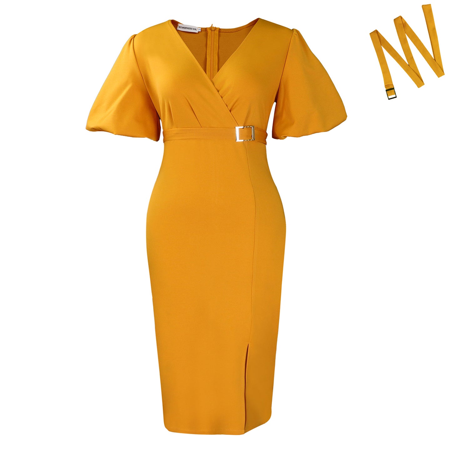 Women's Fashion Puff Sleeve Solid Color Waist Tight Split Hip Dress