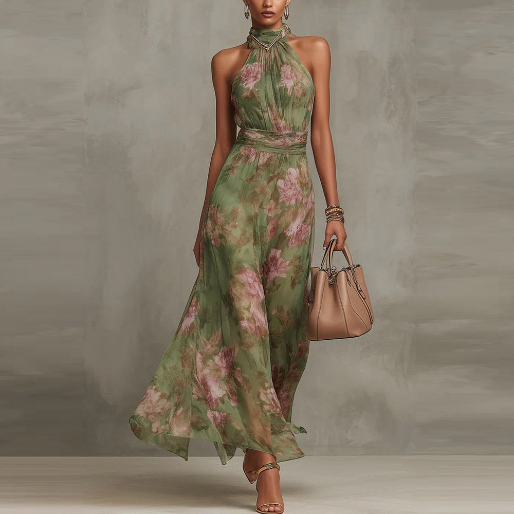 Women's Chiffon Slimming Halter Sleeveless Vacation Style Dress