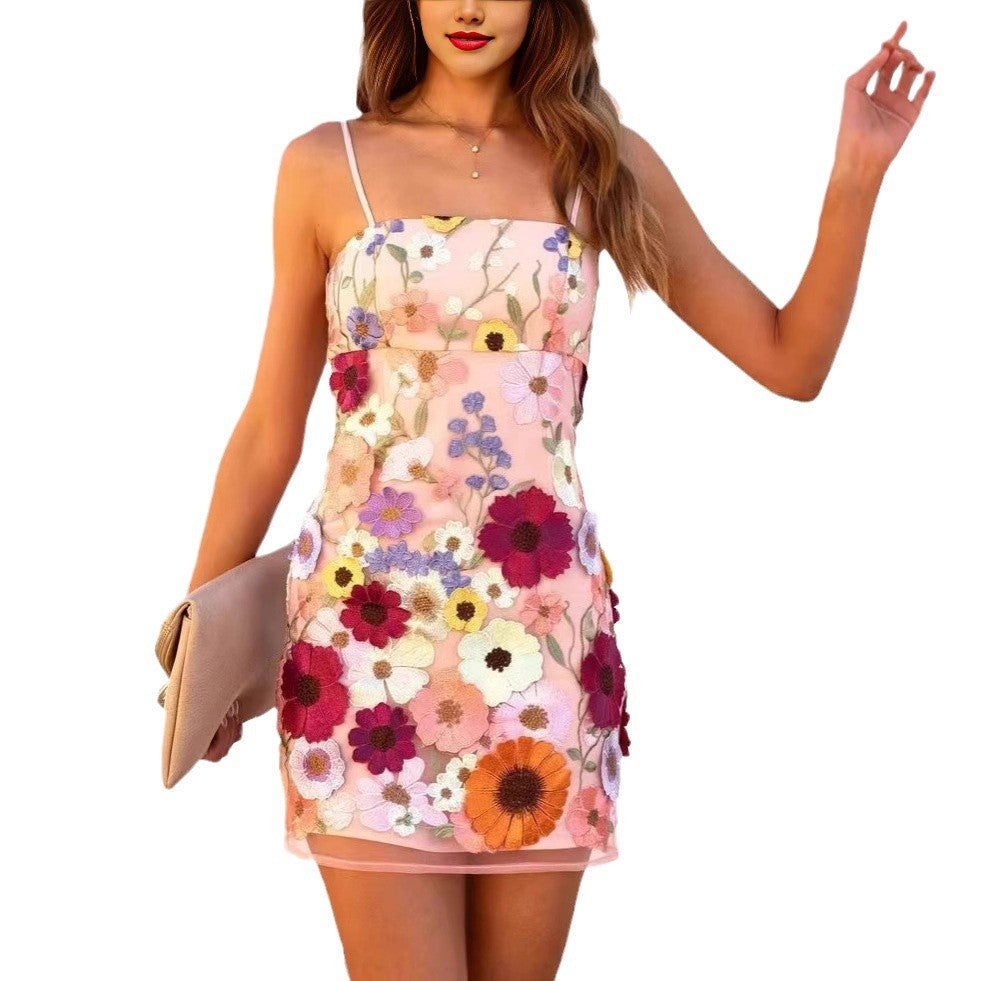 Temperament Three-dimensional Flower Embroidery Slip Dress Dresses