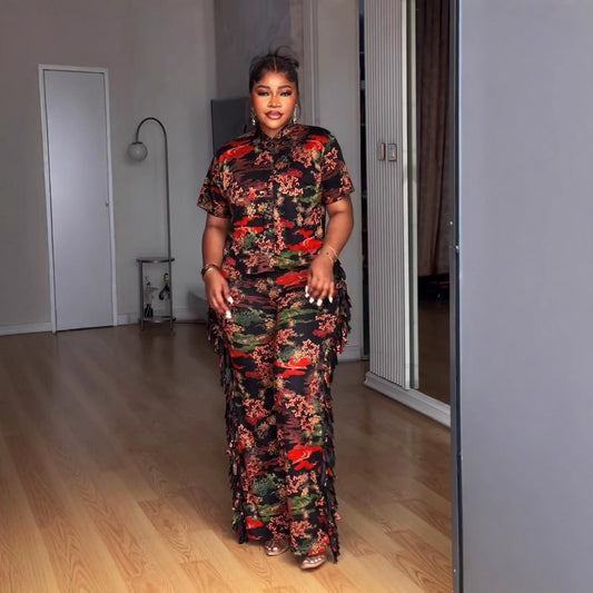 Elegant Commute Leisure Lapel Print Sleeve Jumpsuits