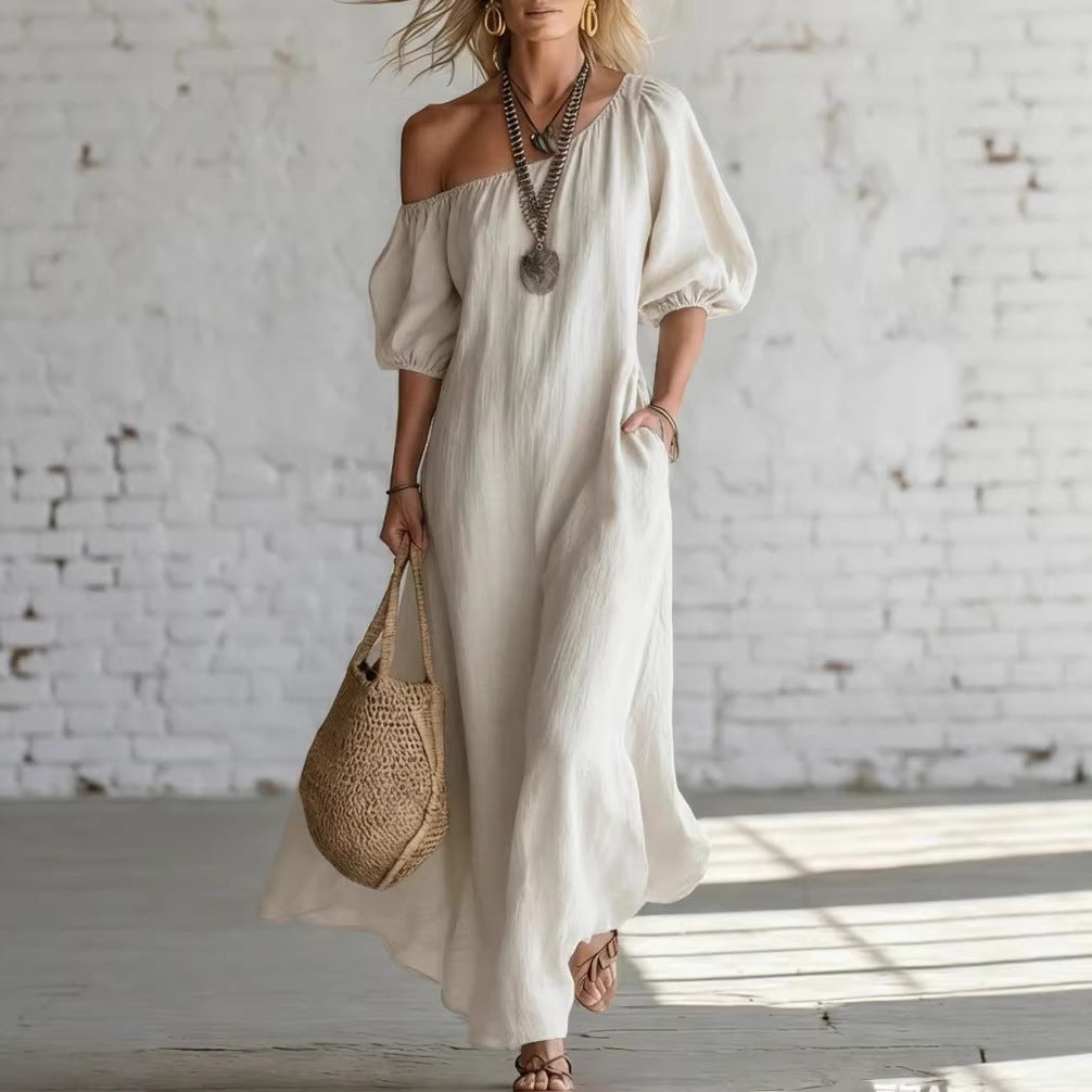 Women's Color Loose Shoulder High-grade Retro Long Cotton Dress