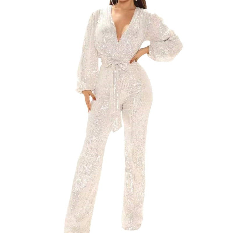 Women's Elegant Sequins One-piece Trousers Sexy Wide Jumpsuits