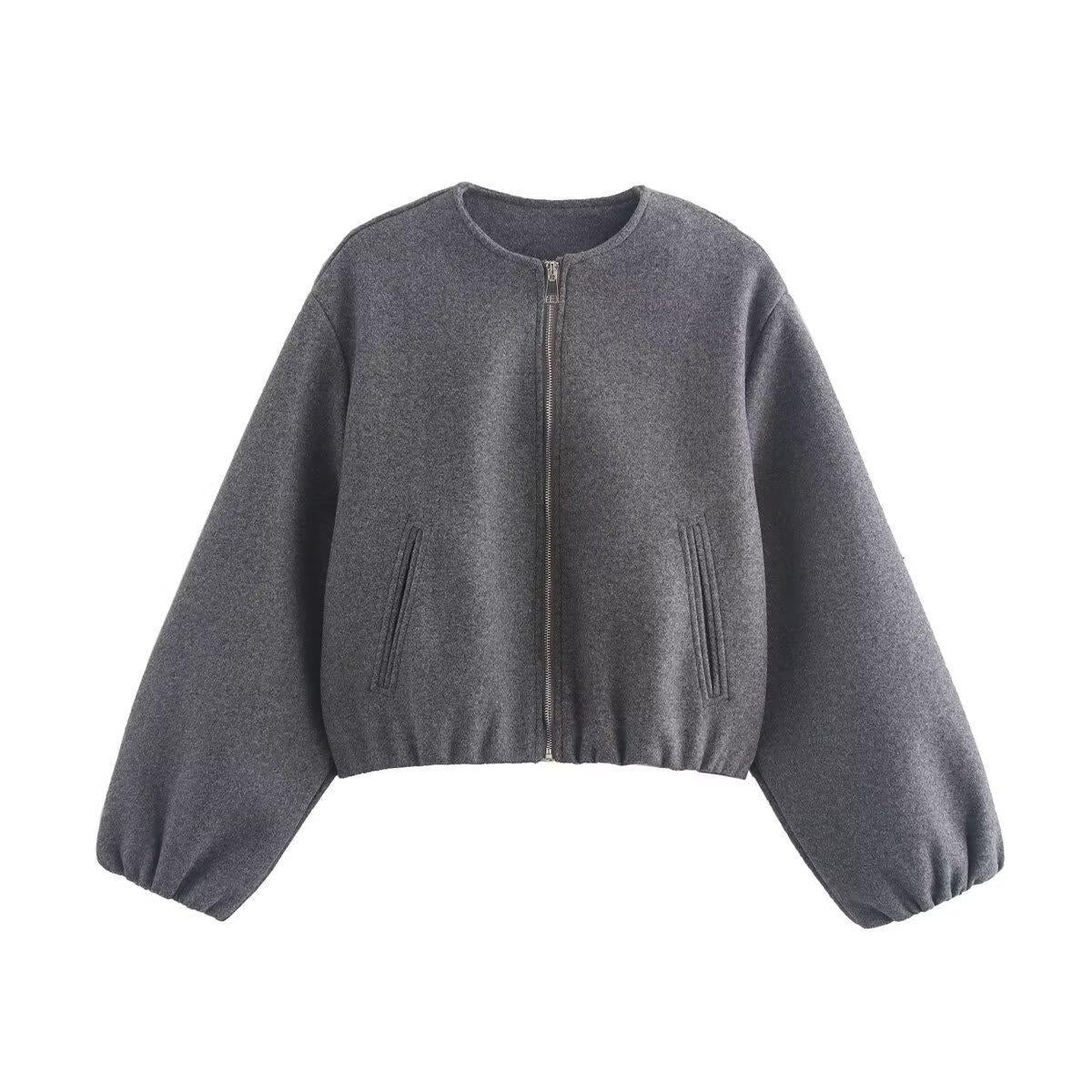 Women's Autumn Loose Zip Woolen Round Neck Jackets