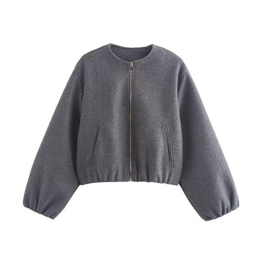 Women's Autumn Loose Zip Woolen Round Neck Jackets