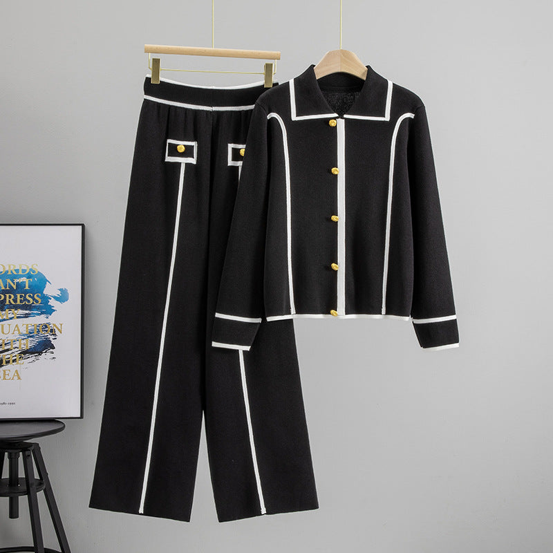 Women's Knitting Neck Pullover Wide Leg Trousers Suits