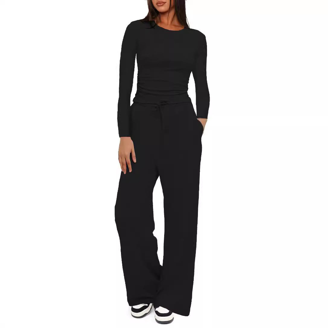 Solid Color Long Sleeves Outfit High Waist Wide Leg Tops