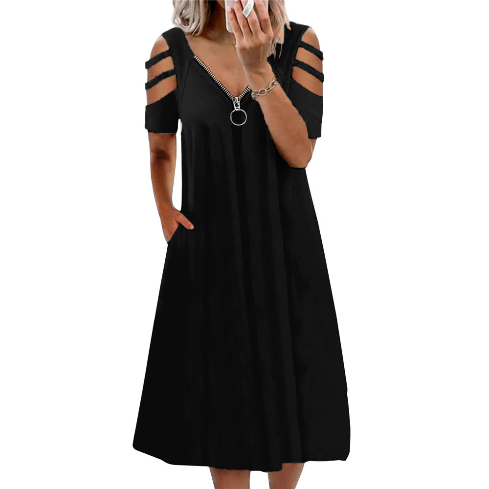Women's Summer Sexy Solid Color Zipper Sleeve Dress