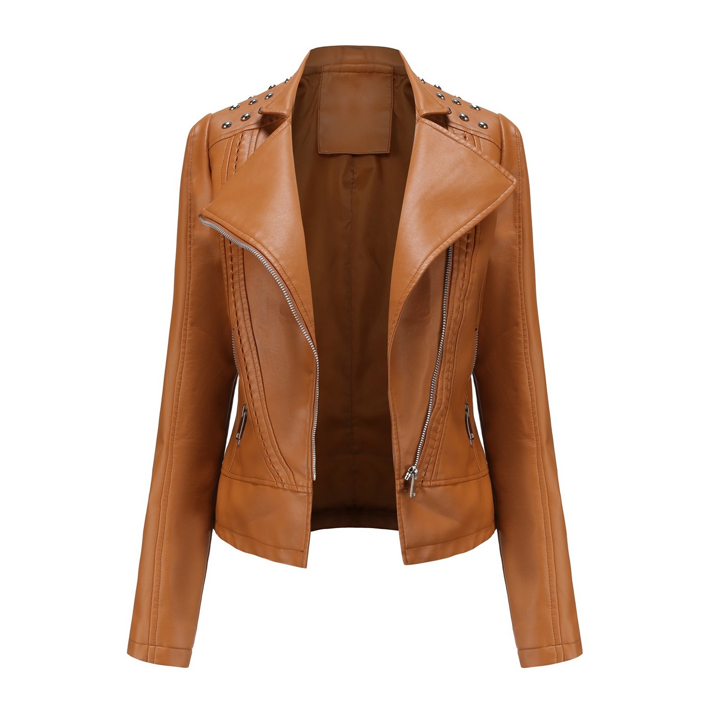 Women's European Beaded Leather Long-sleeved Fashion Lapel Jackets
