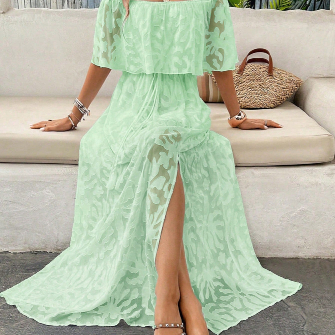 Women's Fashionable Elegant Split Long Jacquard Dress Dresses