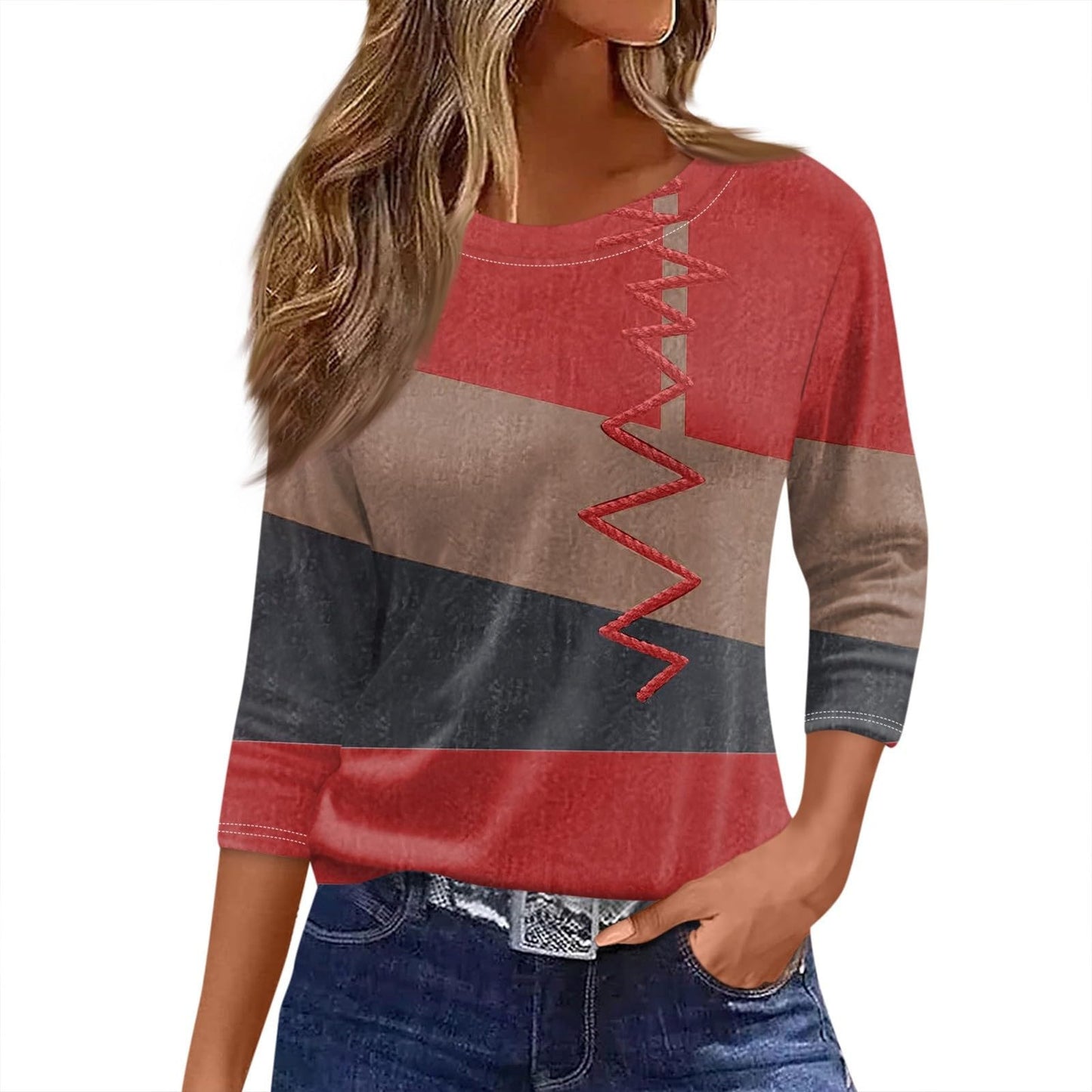 Women's Printed Solid Color Three-quarter Length Sleeve Blouses