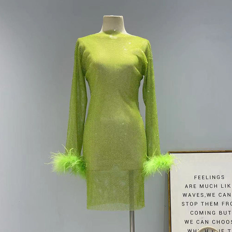 Fashion Luxury Hollow Mesh Ostrich Feather Slimming Bottoming Dress