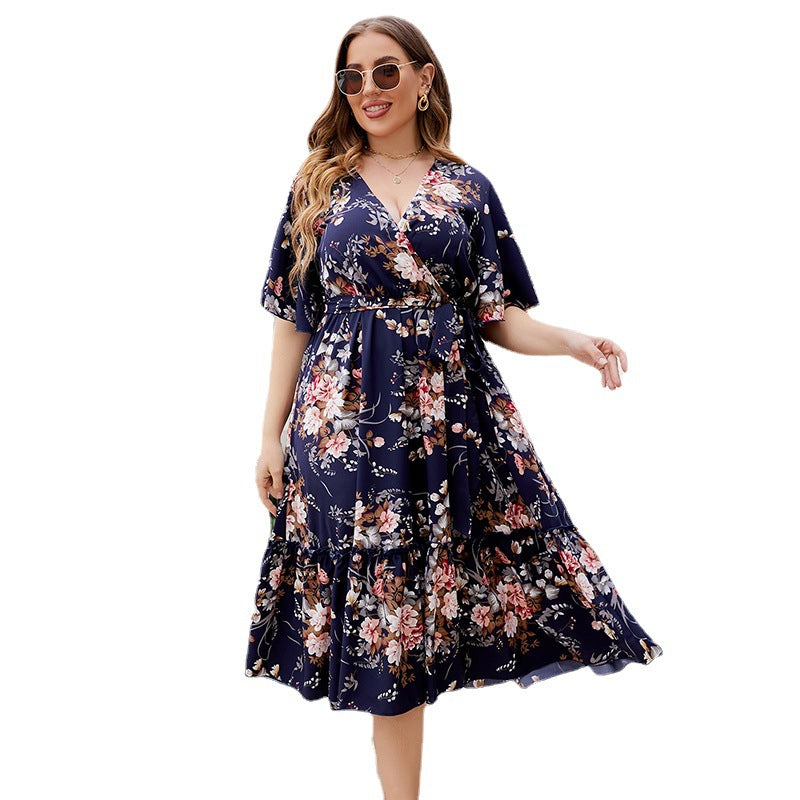 Develop Summer Dark Blue Printing Dress Plus Size