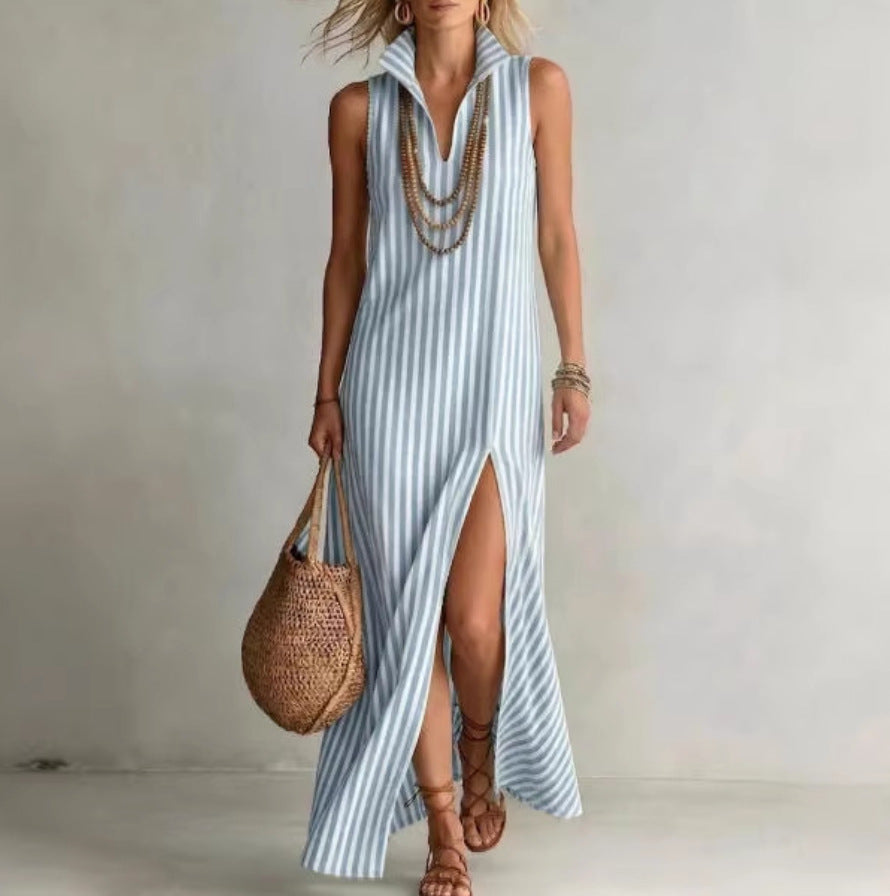 Women's Fashion Striped Stand Collar Sleeveless Split Cotton Dress