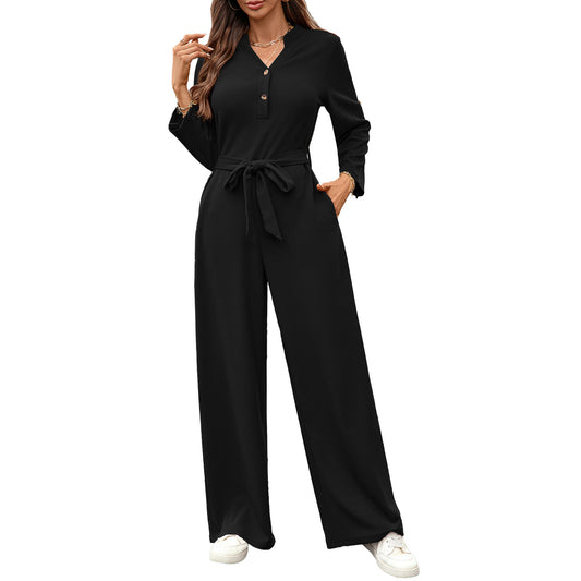 Solid Color High Waist Button Long Jumpsuits
