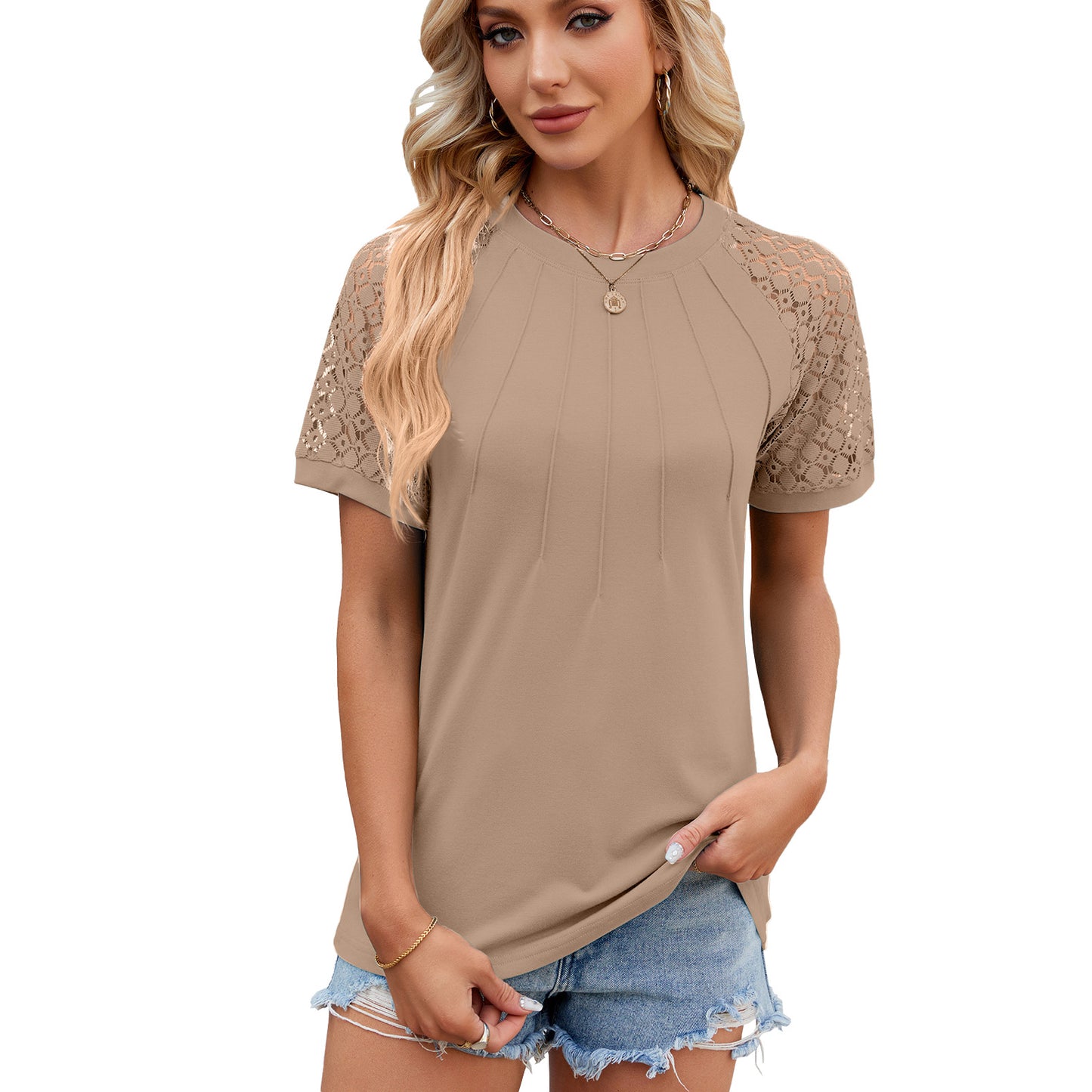 Women's Solid Color Round Neck Lace Patchwork Blouses