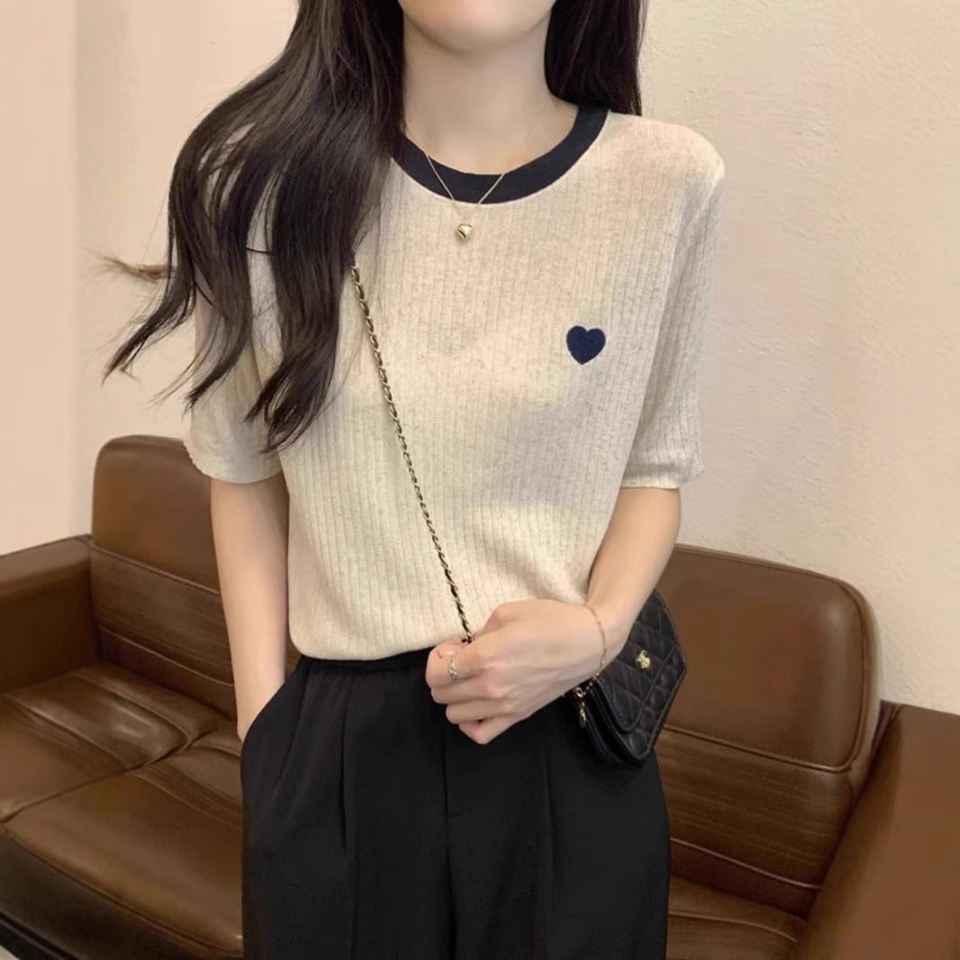 Women's Summer French Style Loose Contrast Color Love Embroidered Knitwear