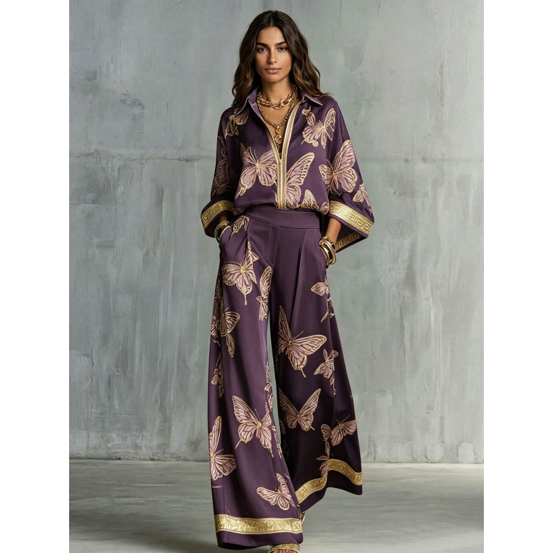 Women's Printed Sexy Deep V Loose Zip Wide Fashion Casual Suit
