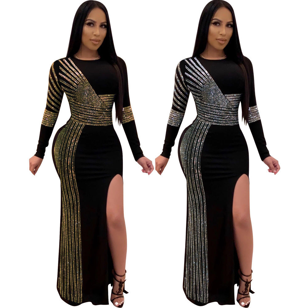 Rhinestone Crew Neck Split Long Sleeve Nightclub Uniform