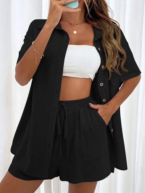 Women's Two-piece Solid Color Shirt Outfit Casual Loose Clothing