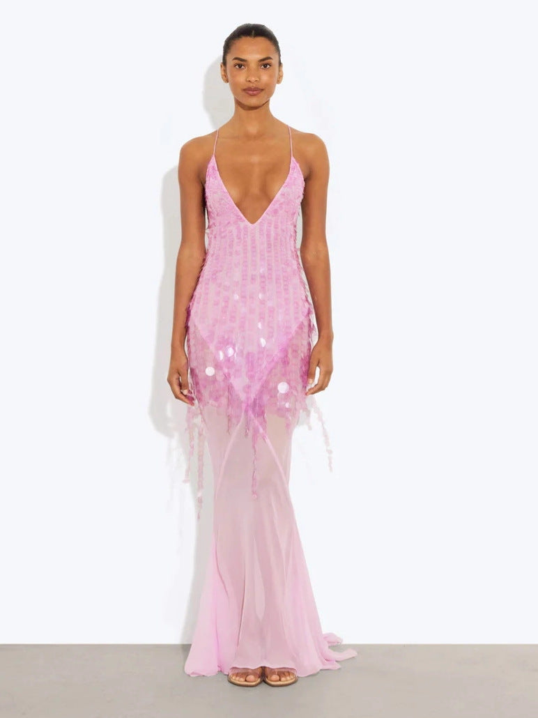 Women's Collar Sexy Sling Backless Slim Fit Sequin Dresses