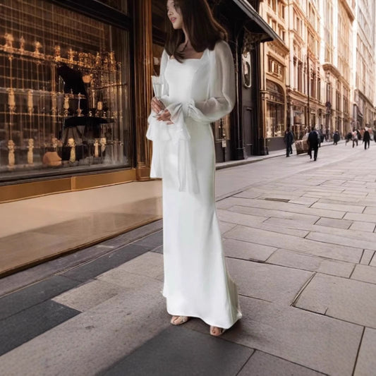 Style Temperament Square Collar Stitching Mesh Micro Transparent Dresses